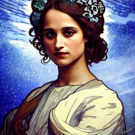 Image similar to alicia vikander portrait by louis - theophile hingre and alphonse mucha, realistic, sharp focus, zodiac signs, tarot cards, planets, ethereal, art nouveau, magic, moon, sun, crown, dreamy, royal, jewellery