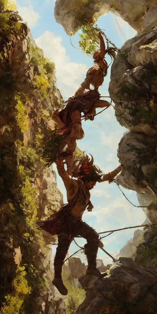 Image similar to oil art of young roma mage adventurer climbing down a cliffside in style of disco elysium character, gipsy jester character design from ravenloft, art by anders zorn, wonderful masterpiece by greg rutkowski, beautiful cinematic light, american romanticism by greg manchess, jessica rossier