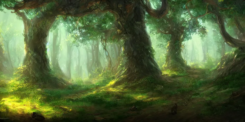 Prompt: digital painting of a fantasy forest, artstation, wallpaper, hd