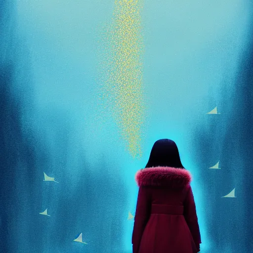 Prompt: many giant droplets of water floating around a flying girl with wings, sky blue straight hair, low - angle shot from behind, blue coat, fur scarf, ultra fine detail, dark theme, realistic painting, photography, psychedelic, film still, cinematic, wlop, ilya kuvshinov, ismail inceoglu,