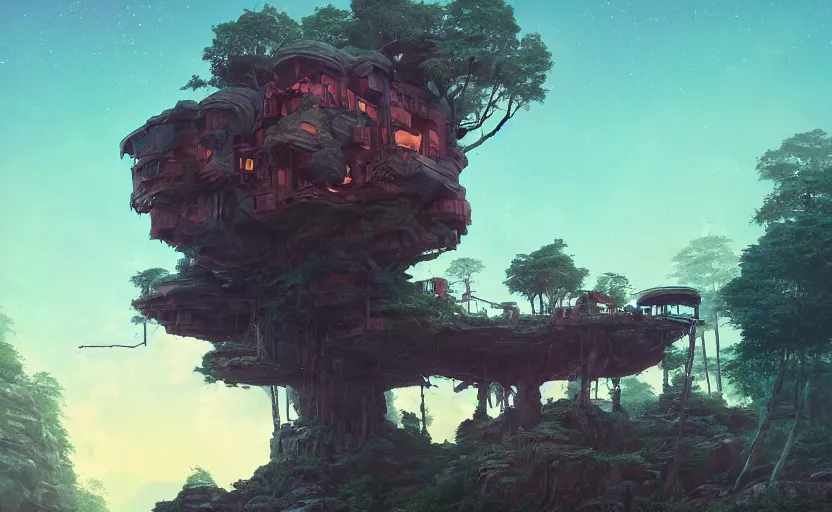 Prompt: treehouse in the rocky hills, Low level, rendered by Beeple, Makoto Shinkai, syd meade, simon stålenhag, synthwave style, digital art, unreal engine, WLOP, trending on artstation, 4K UHD image, octane render,