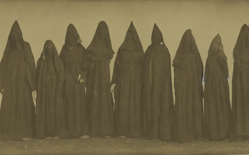 Image similar to 19th century photo of a cult dark old cultists wearing masks by Louis Daguerre