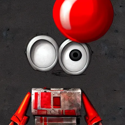 Image similar to surrealism grunge cartoon portrait sketch of wall-e with a wide smile and a red balloon by - michael karcz, loony toons style, wall-e style, horror theme, detailed, elegant, intricate