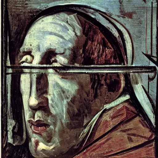 Prompt: Portrait of Pope Innocent X in a cage by Velasquez painting by Pablo Picasso and Chaïm Soutine and Alberto Giacometti, vhs glitch, painting by Pablo Picasso