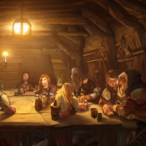 Image similar to A tavern filled with adventurers, medieval fantasy, warm lighting, wide shot,