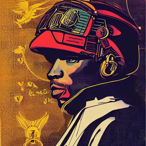 Prompt: Illustrated by Shepard Fairey and Moebius | Cyberpunk Tupac Shakur with VR helmet, surrounded by cables