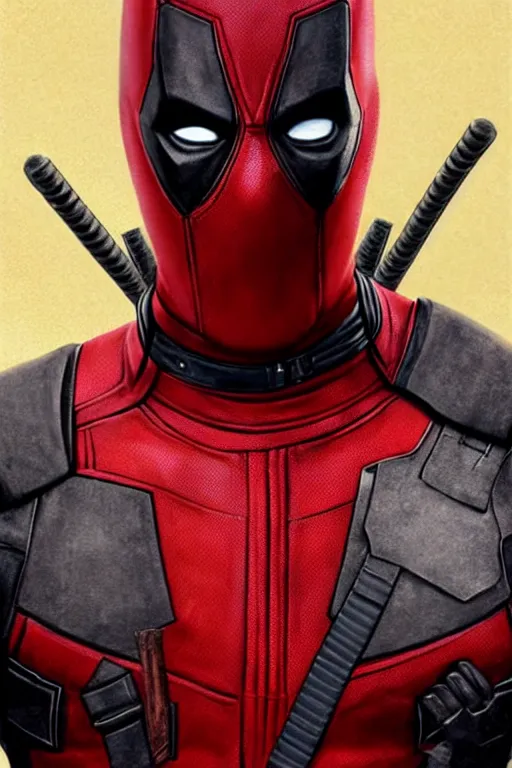 Image similar to photorealistic portrait photograph of deadpool as a glorious regal marvel hero, sleek outfit, upper body, fantasy, handsome, depth of field, soft focus, highly detailed, intricate, realistic, national geographic cover, soft glow, textured, artstation, concept art, sharp focus, illustration, art by artgerm and greg rutkowski and alphonse mucha