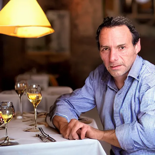 Prompt: photo from the year 2 0 0 3 of a frenchman from france seated in a restaurant. 5 0 mm, studio lighting