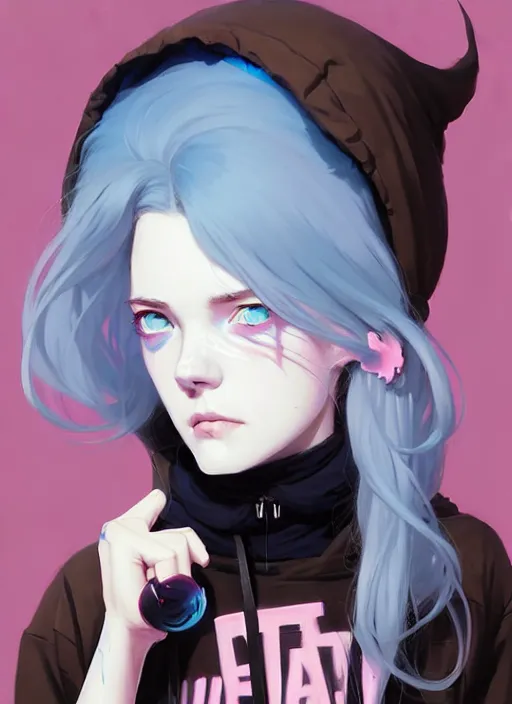 Image similar to highly detailed portrait of a urban punk lady student, blue eyes, hoodie, white hair by atey ghailan, by greg rutkowski, by greg tocchini, by james gilleard, by joe fenton, by kaethe butcher, gradient black, brown and pink color scheme, grunge aesthetic!!! ( ( graffiti tag wall background ) )