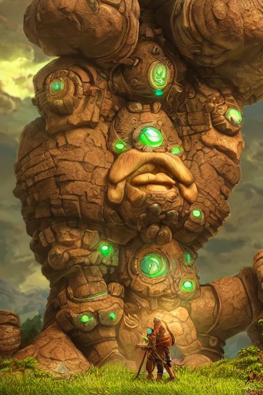 Image similar to zelda fantasy art giant golem troll wood rock greeble gemstone, global illumination ray tracing hdr fanart arstation by sung choi and eric pfeiffer and gabriel garza and casper konefal