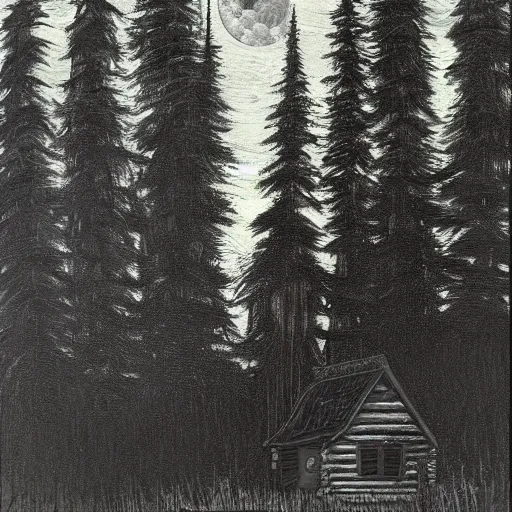 Prompt: peaceful forgotten cabin. masterpiece oil painting, dark, scary. endless tall trees in the background. the moon shines.