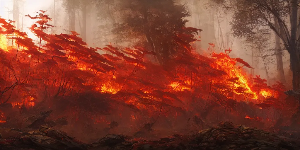 Prompt: a flaming forest, flaming leaves, magma, flame ferns, flame shrubs, huge flame fantasy plant, covered in flame porcelain vine, artstation, by jakub rozalski, greg rutkowski, anthony avon