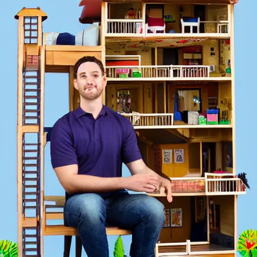 Image similar to A very tall, very strong man sitting on top of a doll house