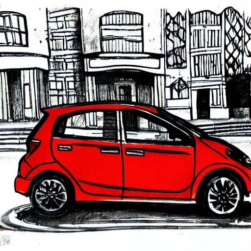 Image similar to compact honda car parked in a european city, ink manga drawing