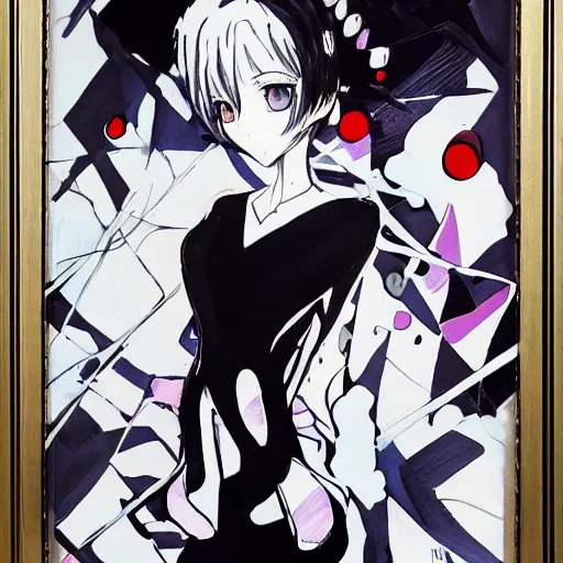 Image similar to Character design of an anime girl with short white hair and black eyes wearing three piece suit in the style of Yoshitaka Amano, abstract black and white background with lines, film grain effect, highly detailed, oil painting with broad brush strokes