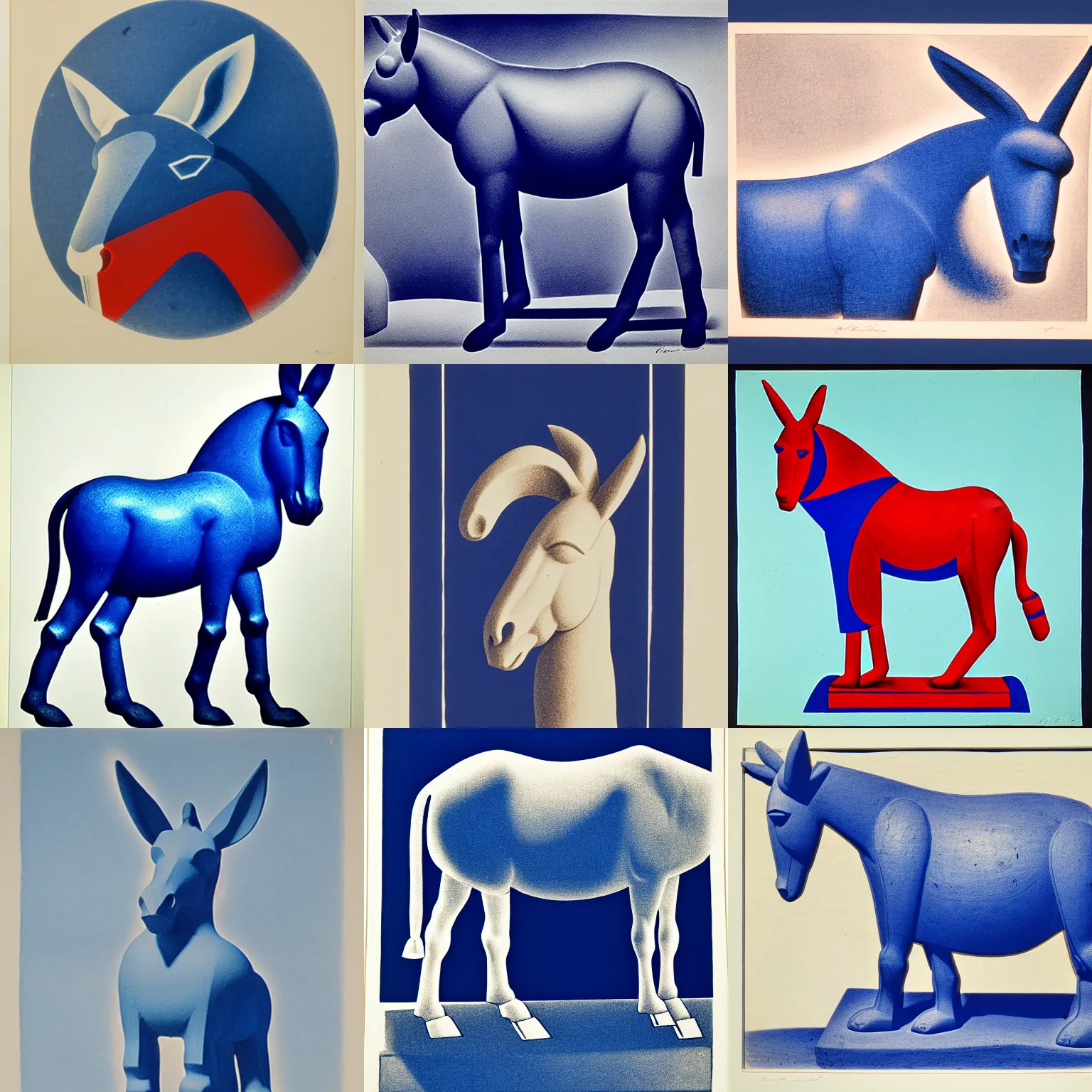 Prompt: duotone lithograph of cycladic sculpture of a donkey, ultramarine blue and red iron oxide