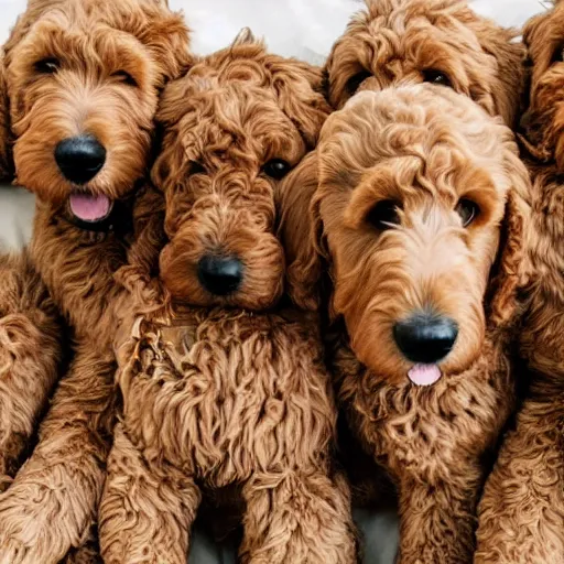 Prompt: a huge pile of 30 golden doodle dogs, photography