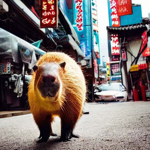 Prompt: capybara drinking bubble tea in cyberpunk seoul