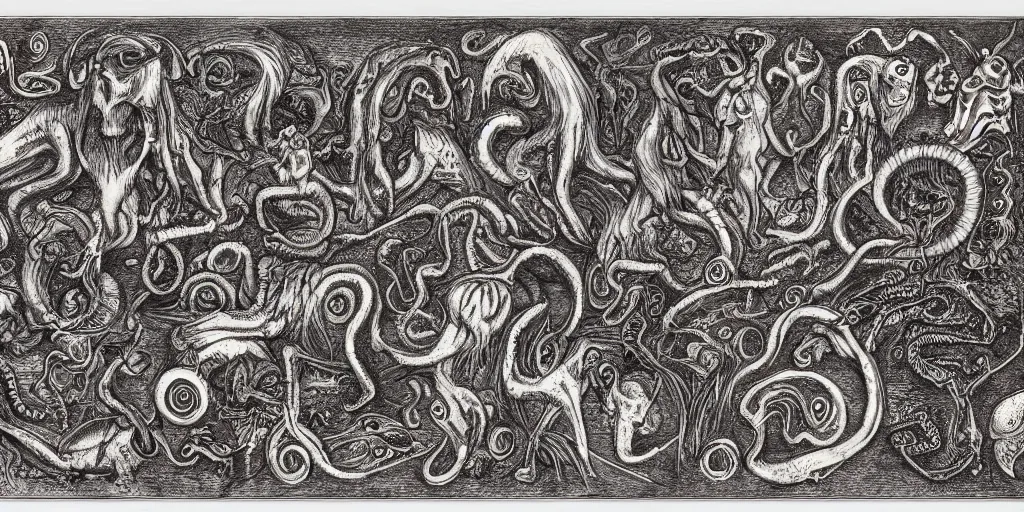 Image similar to detailing reference sheet of lovecraftian unnamed creatures in the style of copper plate etching