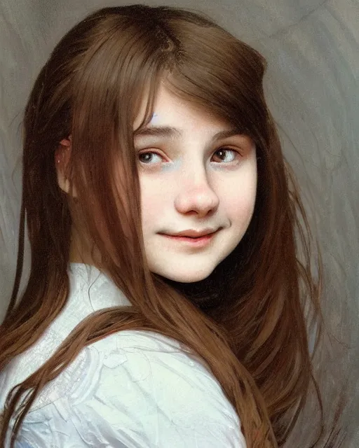 Prompt: portrait of 1 5 - year - old girl, little smile, with large front teeth, very bushy brown hair, and very bright brown eyes, wearing white shirt, hyper realistic face, beautiful eyes, close up, fantasy art, in the style of greg rutkowski, intricate, alphonse mucha, hyper detailed, smooth