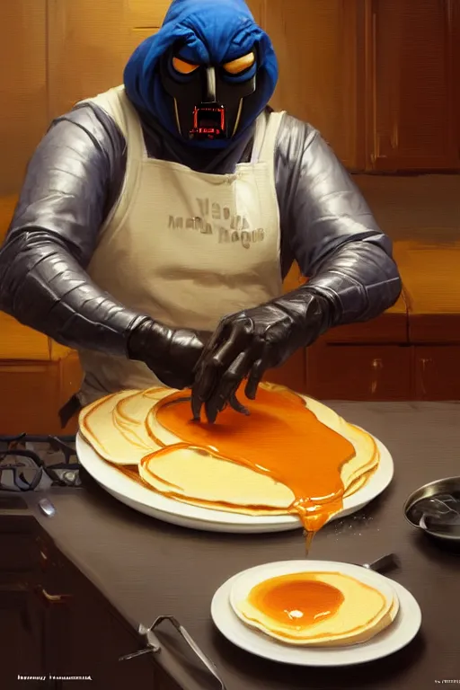 Image similar to mf doom as cooking pancakes animation pixar style, shaded lighting poster by magali villeneuve, artgerm, jeremy lipkin and michael garmash, rob rey and kentaro miura style, trending on art station