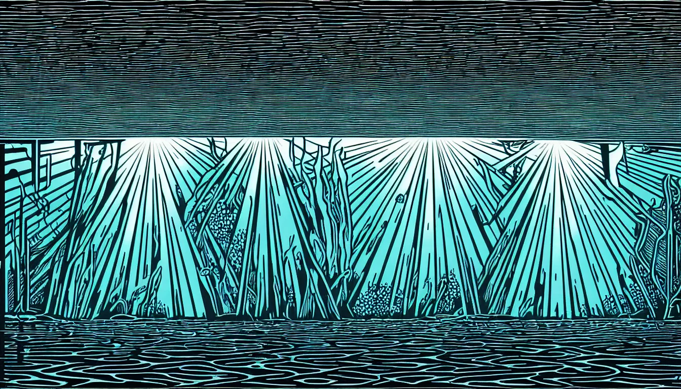 Image similar to underwater crystal clear light rays by dan mumford and peter doig and edward hopper, symmetrical, minimal, black ink, thick lines highly detailed, muted colours 8 k