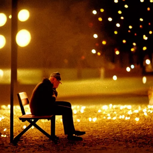 Prompt: man sitting on park bench on christmas eve smoking cigarette. cigarette glowing embers smoke volumetric c4d. harsh lighting, live action photo 1993 film. bokeh Christmas lights in the background