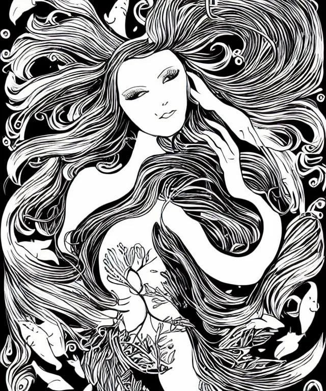 Image similar to black and white illustration, creative design, beautiful mermaid with fishes