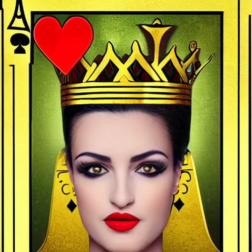 Prompt: beautiful cute egyptian queen of hearts with golden crown, playing card, head shot, photorealistic, single person, one head, dynamic medium shot, symmetrical face portrait, golden hour, portrait