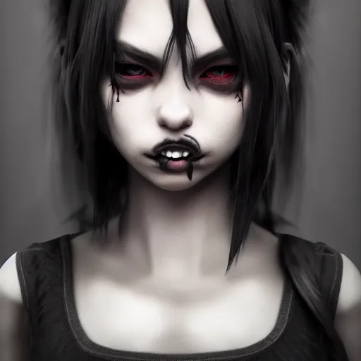 Prompt: photorealistic full shot portrait of angry darkness anime girl, dark look, inspired by Tim Burton, detailed, unreal engine 4k volumetric light, fog,