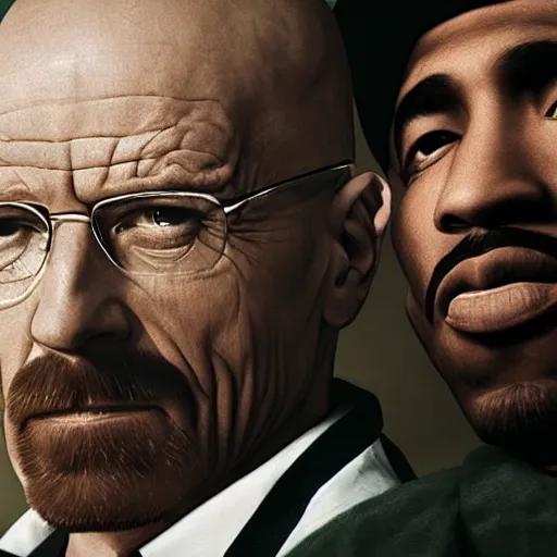 Prompt: Walter White holding Tupac by the throat, realistic, 8k resolution, hyperdetailed, highly detailed, real life, studio lighting, high quality, action shot,