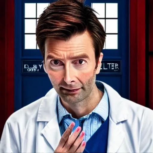 Image similar to closeup promotional image of an David Tennant as Doctor Who at a polka dance-off contest at the YMCA basketball gym, around the gym everyone is cheering, in the background the Tardis door is wide open to the interior, frenetic, quirky, movie still, promotional image, imax, digital art, hyper detailed, sharp focus, f8