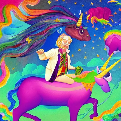 Image similar to a painting of a woke man riding an unicorn, a storybook illustration by Lisa Frank, featured on pixiv, magical realism, irridescent, storybook