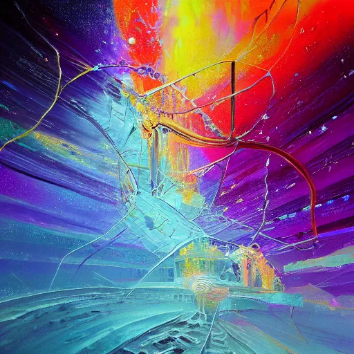 Prompt: infinitely detailed elysium mothership crystal radiation retribution scarce color palette cold power-line alienated scenery in a dream subconscious cavern sacred geometry cold subtle mist painted by Makoto Shinkai palettes of moon dusk and dream fantasy canvas carefully structured abstract expressionism oil painting by Eemre Aaa (2041)