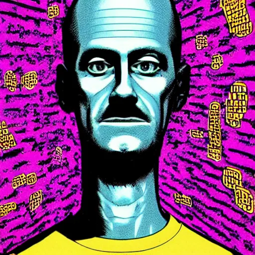 Image similar to a portrait of a beautiful psycho king in a holographic room, in the style of daniel clowes