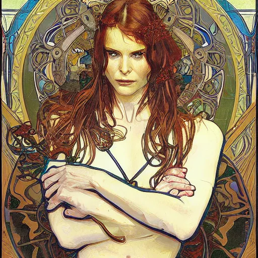 Image similar to hannibal lector, in the style of donato giancola, and in the style of vanessa lemmen, and in the style of alphonse mucha. symmetry, smooth, sharp focus, semi - realism, intricate detail.