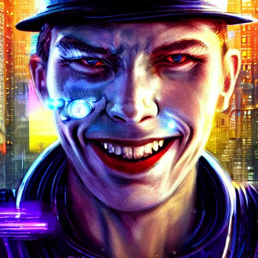 Image similar to cyberpunk, closeup portrait of a cyberpunk entertainer, blond hair, grey eyes, sadistic smile, delicate jaw, hologram, dramatic light, city background, sunset, dystopian setting, high contrast, sharp, neuromancer, peter riviera, painted by stanley lau, painted by greg rutkowski, painted by stanley artgerm, digital art, trending on artstation