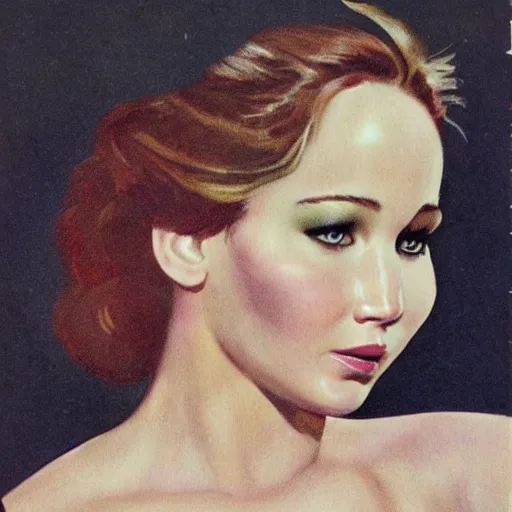 Image similar to “jennifer Lawrence portrait, color vintage magazine illustration 1950”