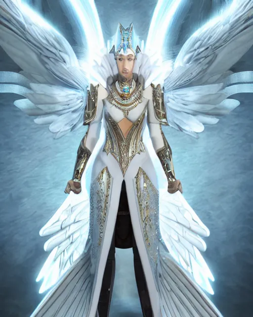 Image similar to perfect ornate white haired attractive egyptian goddess with huge white dove wings, warframe armor, beautiful, symmetric, dreamy, half asian, pretty face, blue eyes, detailed, scifi platform, laboratory, experiment, 4 k, ultra realistic, epic lighting, android body, illuminated, cinematic, masterpiece, art by akihito tsukushi, voidstar