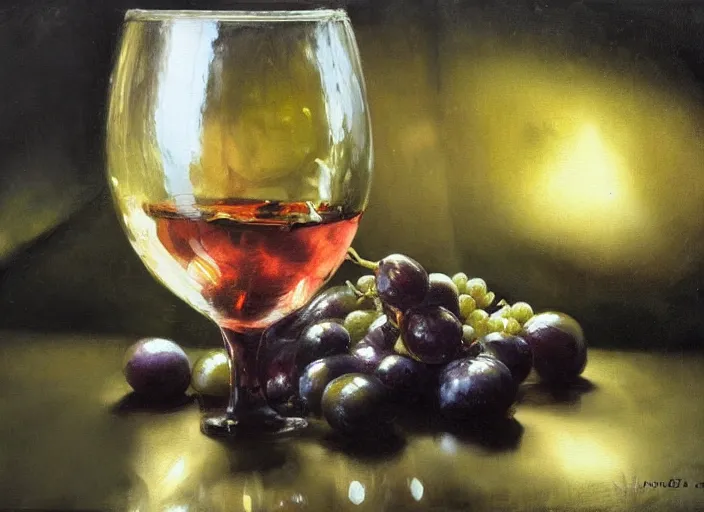 Prompt: oil painting of glass of wine, translucent grapes closeup, reflections, glass refraction, art by anders zorn, wonderful masterpiece by greg rutkowski, beautiful cinematic light, american romanticism by greg manchess, reflections in copper, sunlight, dust and steam