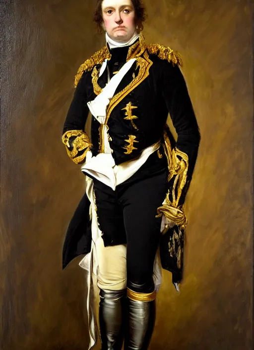 Image similar to highly detailed oil painting | very intricate | cinematic lighting | black, white and gold color scheme, dark background | napoleon dressed by alexander mcqueen | by roberto ferri, by gustav moreau, by singer sargent and klimt, american romanticism, occult art | by austin osman spare, artstation, cgsociety, official art, octane