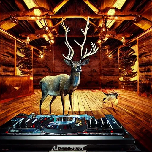 Prompt: “a crowded chukcha rave detailed photo with a deer playing tracks on the turntables in tundra, matte painting”