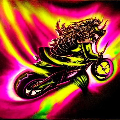 Prompt: psychedelic blacklight airbrush artwork, action shot of an orc biker riding a motorcycle, airbrushed on a black background