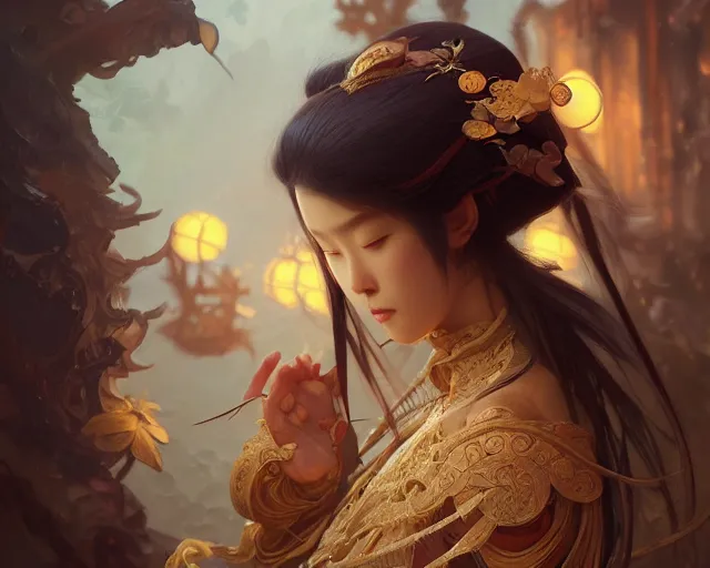 Image similar to photography of tanjiro kamado, deep focus, japanese fantasy, intricate, elegant, highly detailed, digital painting, artstation, concept art, matte, sharp focus, illustration, hearthstone, art by artgerm and greg rutkowski and alphonse mucha