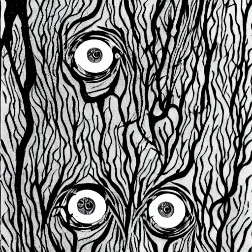 Image similar to the trees have eyes and they're watching me, acid replications, hyperdetailed, cinematic