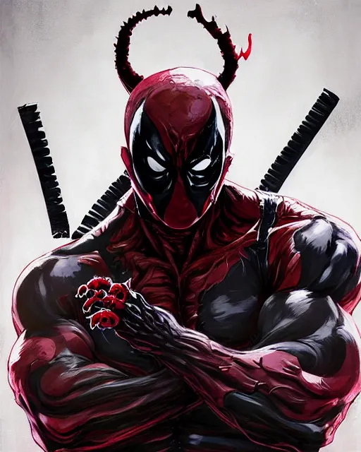 Image similar to highly detailed closeup portrait of a mutated venom symbiote in deadpool suit with a fierce expression, wearing his katana, by atey ghailan, by greg rutkowski, by greg tocchini, by james gilleard, by joe fenton, by kaethe butcher, red, black, crimson and grey color scheme