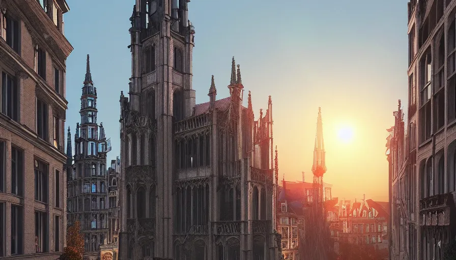 Image similar to neo - gothic brussels, view from the streets, sunset, light between buildings, empty streets, hyperdetailed, artstation, cgsociety, 8 k