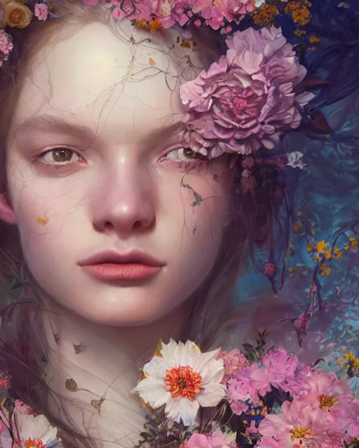 Prompt: portrait of a young swedish girl, 2 0 years old, surrounded by flowers by karol bak, james jean, tom bagshaw, rococo, sharp focus, trending on artstation, cinematic lighting, hyper realism, octane render, 8 k, hyper detailed.