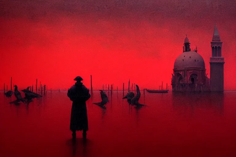 Image similar to only with red, a red dystopic knight, venice, flock of birds in the red sky, in the style of beksinski, parts by edward hopper, parts by rodcenko, parts by yue minjun, intricate and epic composition, red by caravaggio, insanely quality, highly detailed, masterpiece, red light, artstation, 4 k