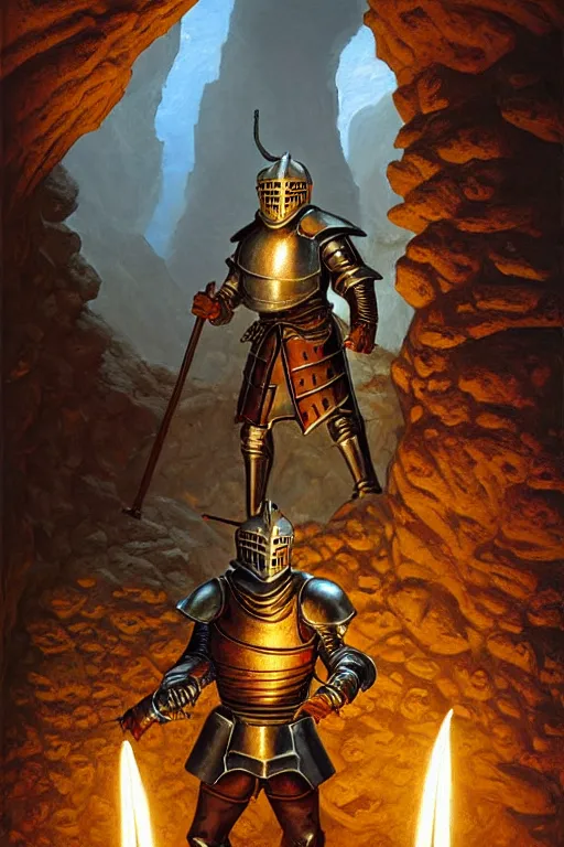 Prompt: classic oil painting, a medieval fantasy armored knight is holding a torch, as a dnd character, inside a cave with speleothems, cottagecore, highly detailed, digital illustration, concept art, smooth, sharp focus, happy, art by tim hildebrandt, and greg hildebrandt